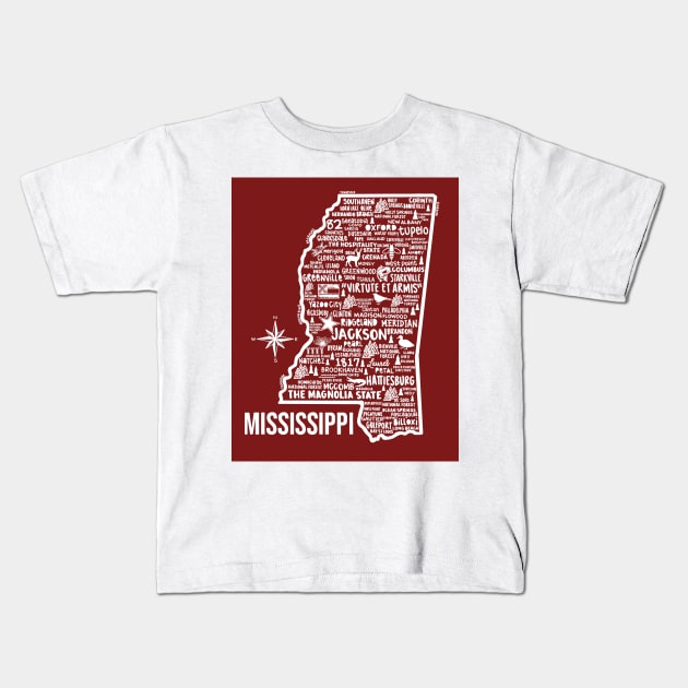 Mississippi Map Kids T-Shirt by fiberandgloss